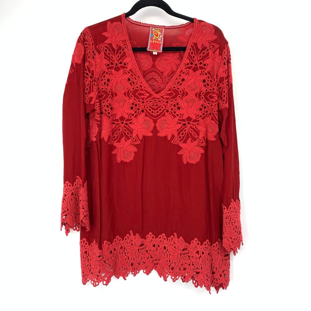 Johnny Was Cutwork Tunic Womens L Red Floral Embroidered Eyelet Lace Boho Blouse